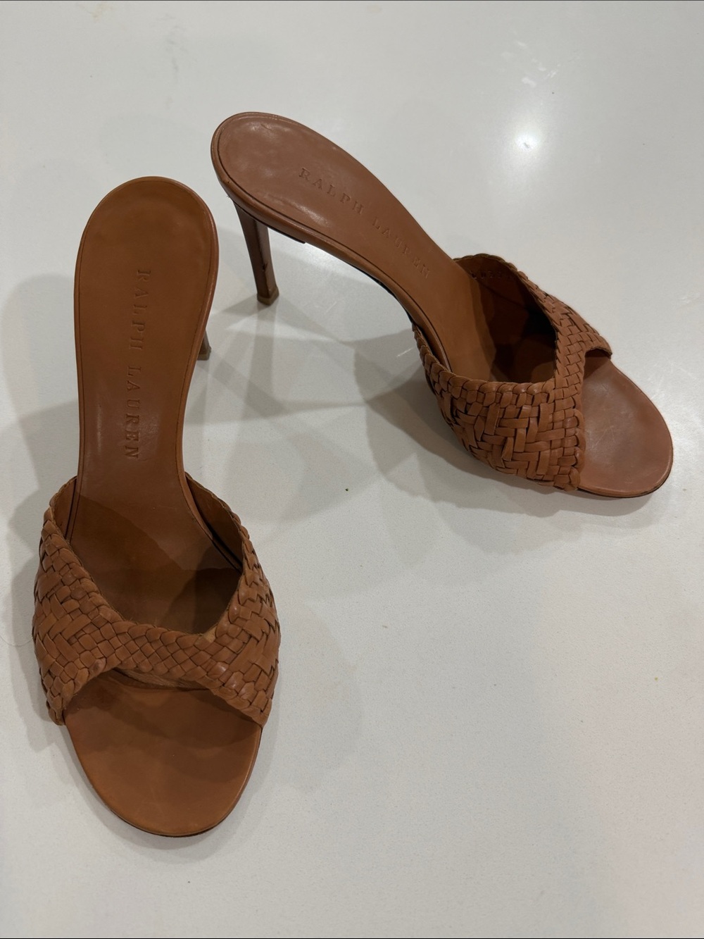 Ralph Lauren Brown Woven Leather High Heel Slide Mules